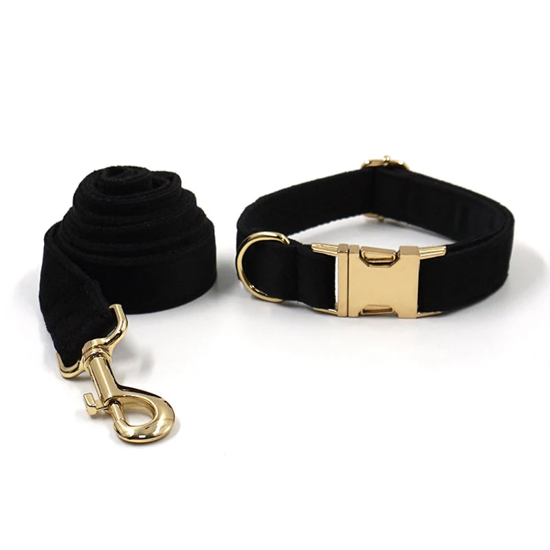 Set Luxe en Velours Noir – Harnais, Collier & Laisse avec boucle Dorée.
