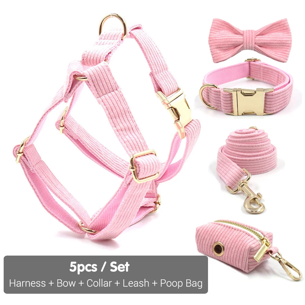 Set Luxe en Velours Rose – Harnais, Collier & Laisse avec boucle Dorée.