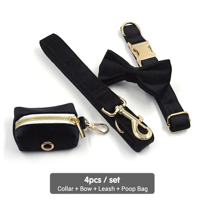 Set Luxe en Velours Noir – Harnais, Collier & Laisse avec boucle Dorée.