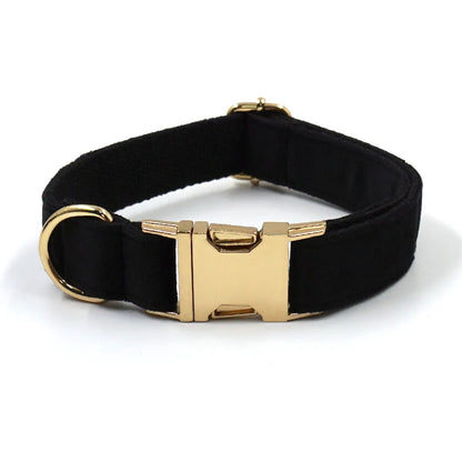 Set Luxe en Velours Noir – Harnais, Collier & Laisse avec boucle Dorée.