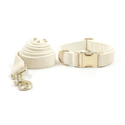 Set Luxe en Velours Crème – Harnais, Collier & Laisse avec boucle Dorée.