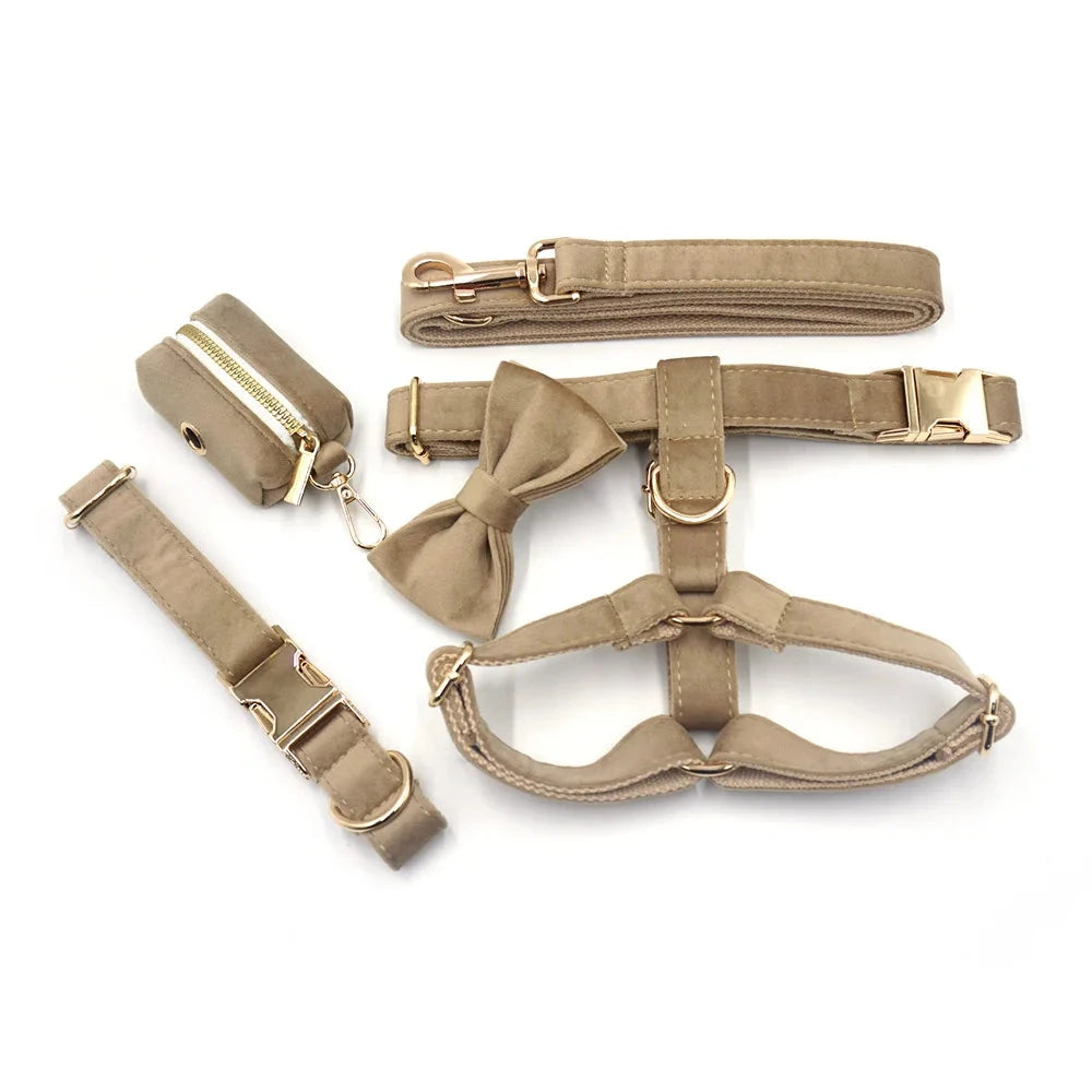 Set en Velours Café – Harnais, Collier & Laisse avec boucle Dorée | SANEO Pets SANEO Pets