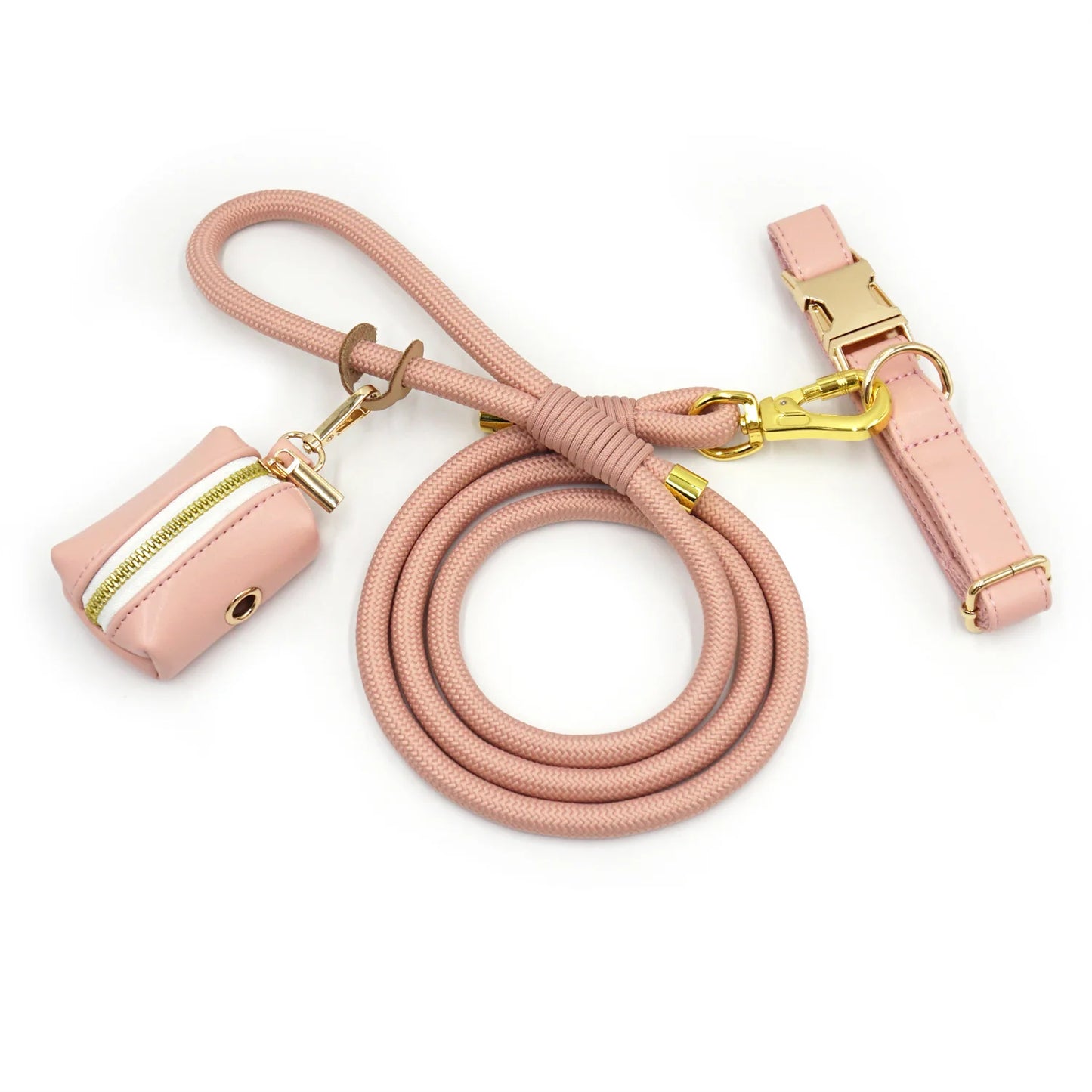 Set 3 Pièces Luxe en Velours Rose – Collier, Laisse & Poop Bag