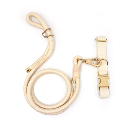 Set 3 Pièces Luxe en Velours Crème – Collier, Laisse & Poop Bag