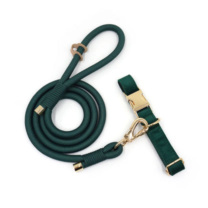 Set 3 Pièces Luxe en Velours Vert Emeraude – Collier, Laisse & Poop Bag