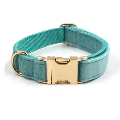 Set Luxe en Velours Tiffany Blue – Harnais, Collier & Laisse avec boucle Dorée.