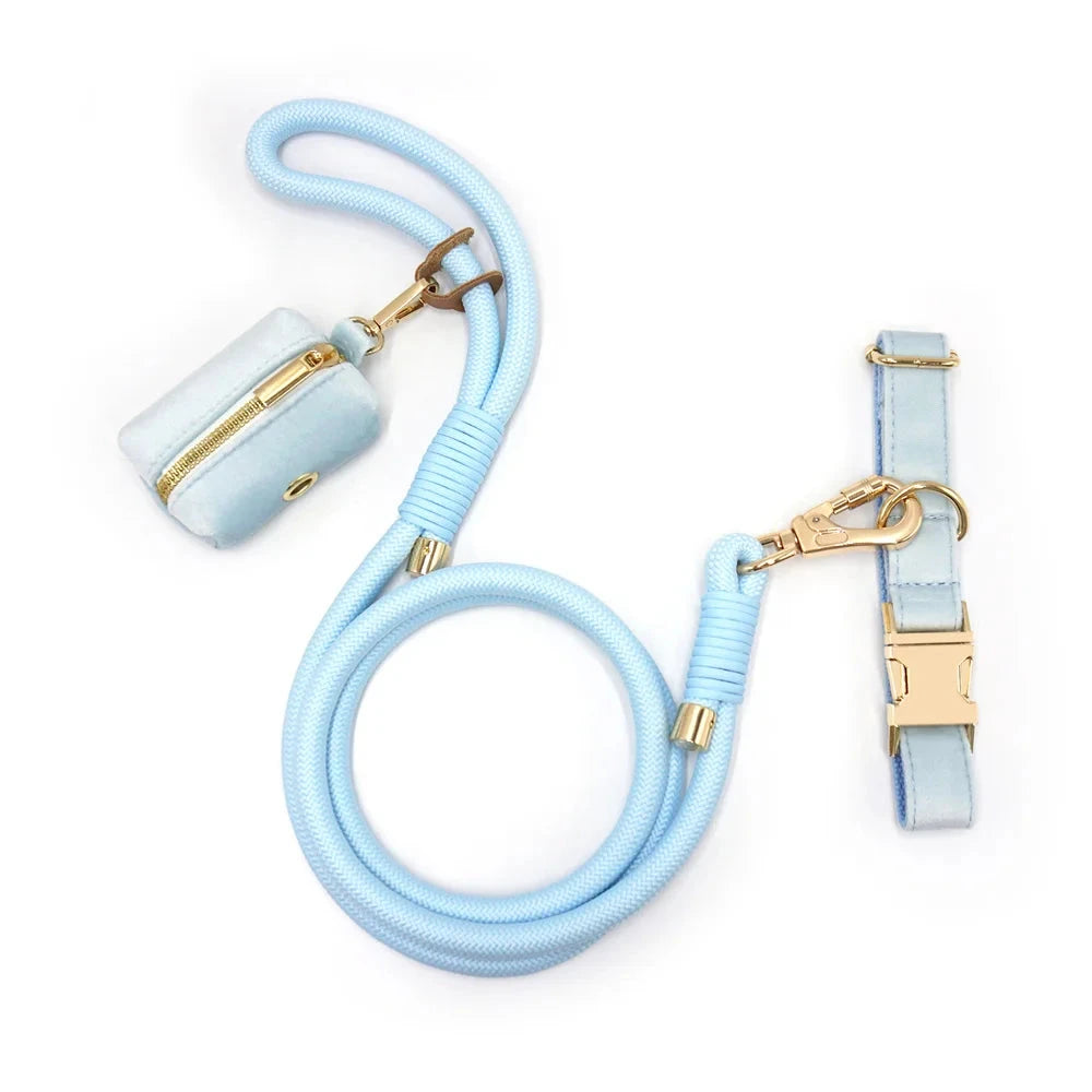 Set en Velours Bleu Ciel – Collier & Laisse avec boucle Dorée | SANEO Pets SANEO Pets