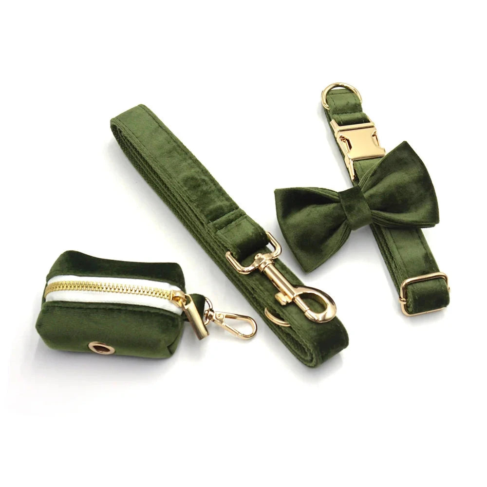 Set en Velours Vert Olive – Harnais, Collier & Laisse avec boucle Dorée | SANEO Pets SANEO Pets