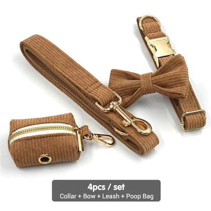 Set Luxe en Velours Marron – Harnais, Collier & Laisse avec boucle Dorée.