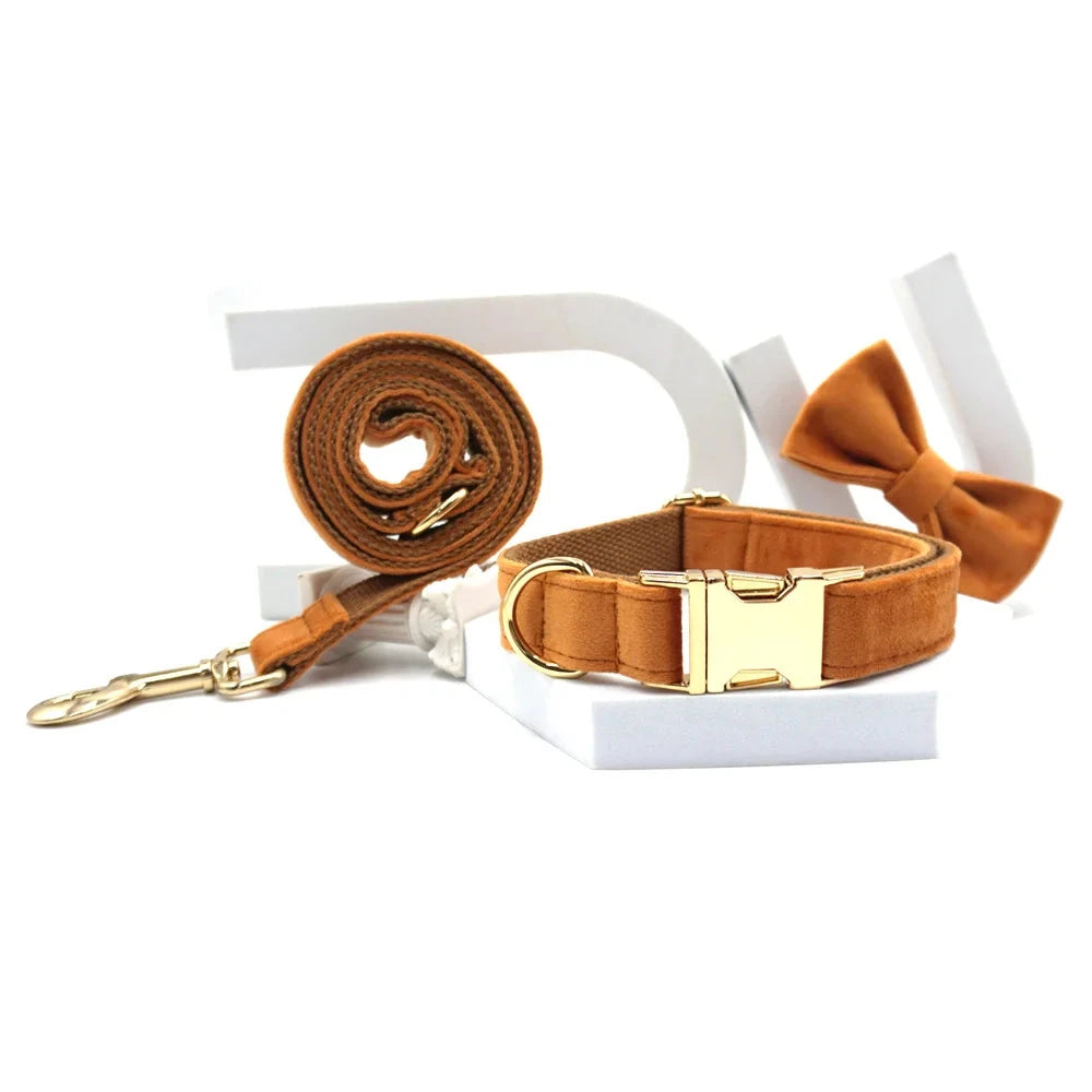 Set en Velours Bronze – Harnais, Collier & Laisse avec boucle Dorée | SANEO Pets SANEO Pets