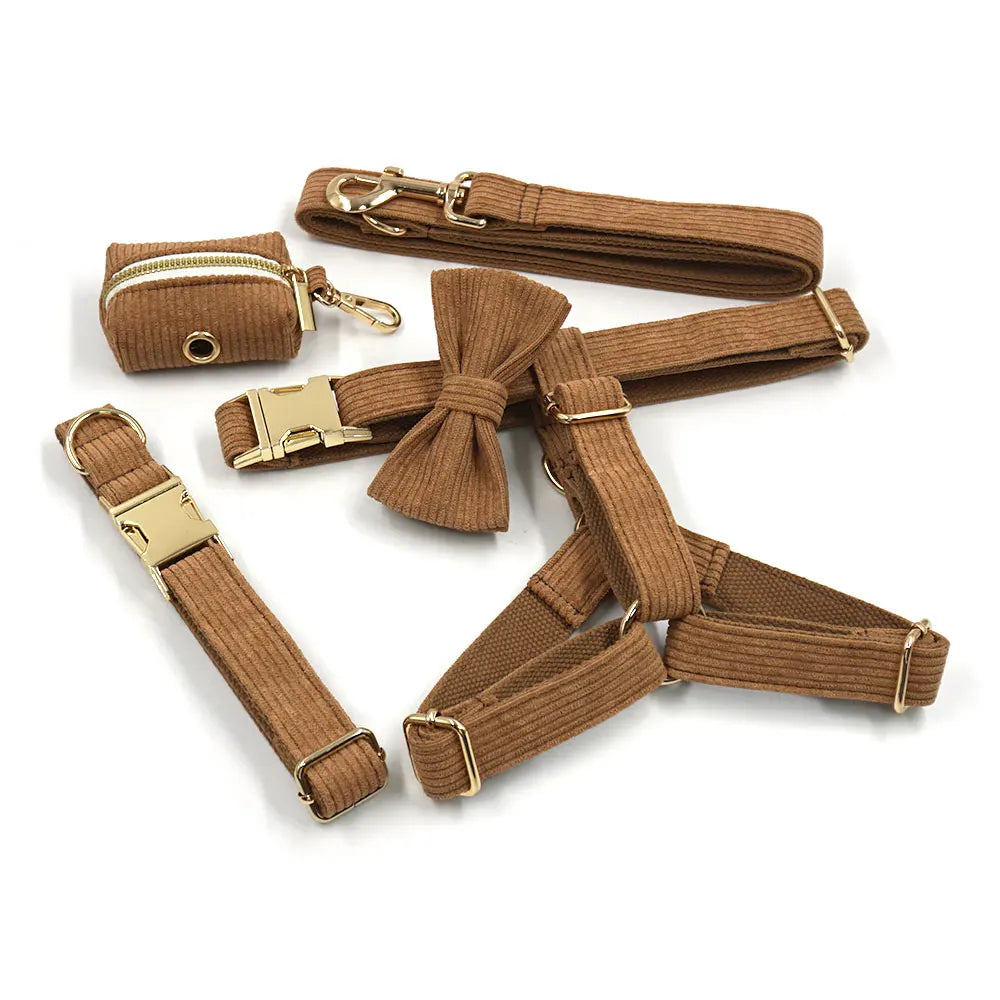 Set Luxe en Velours Marron – Harnais, Collier & Laisse avec boucle Dorée.