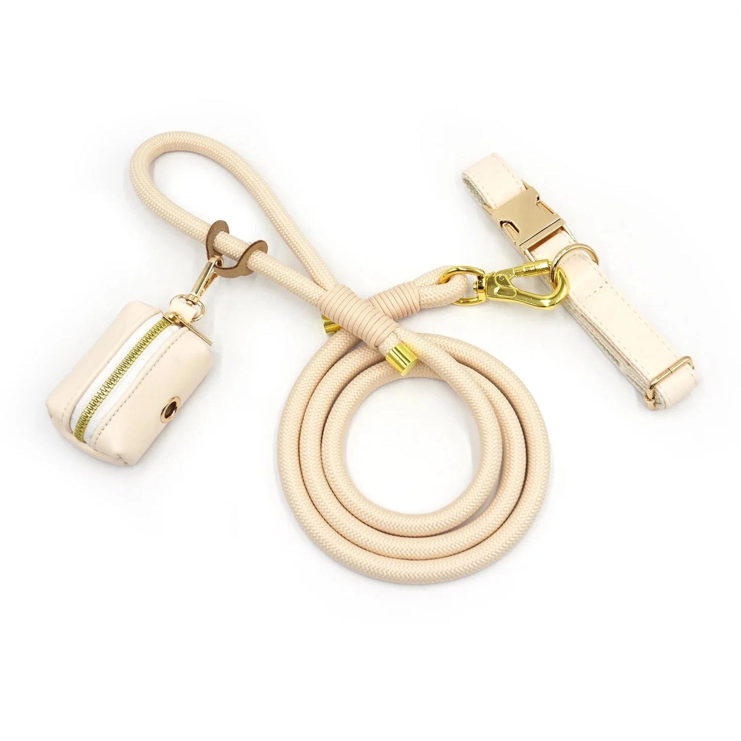 Set 3 Pièces Luxe en Velours Crème – Collier, Laisse & Poop Bag