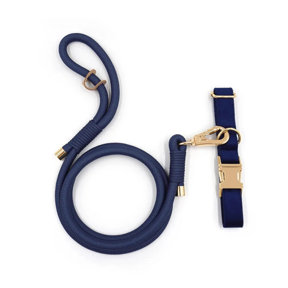 Set en Velours Bleu Marine – Collier & Laisse avec boucle Dorée | SANEO Pets SANEO Pets