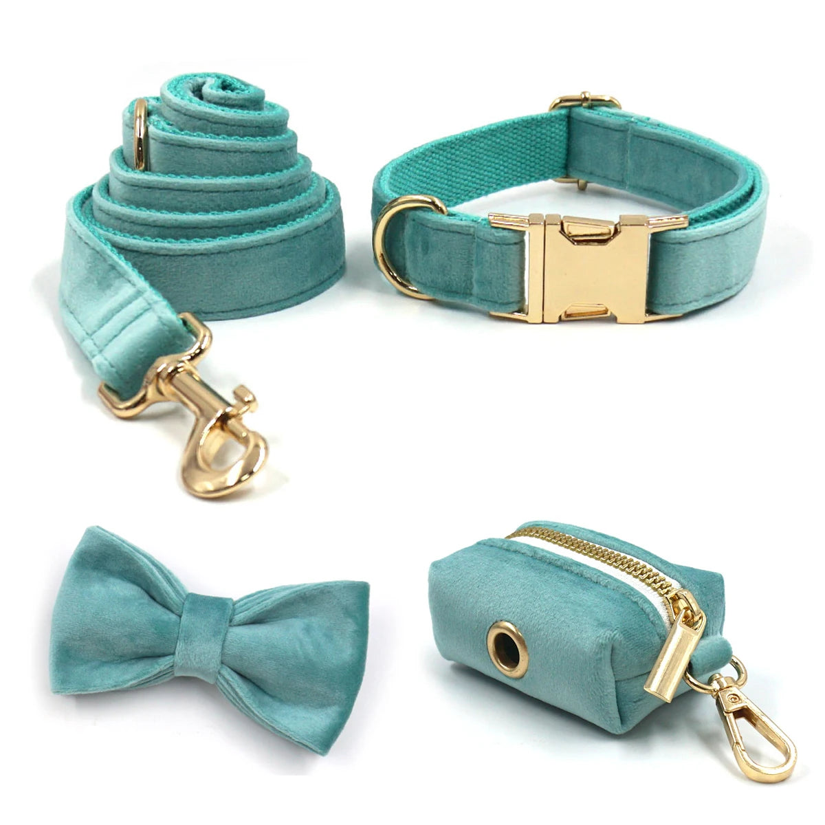 Set Luxe en Velours Tiffany Blue – Harnais, Collier & Laisse avec boucle Dorée.